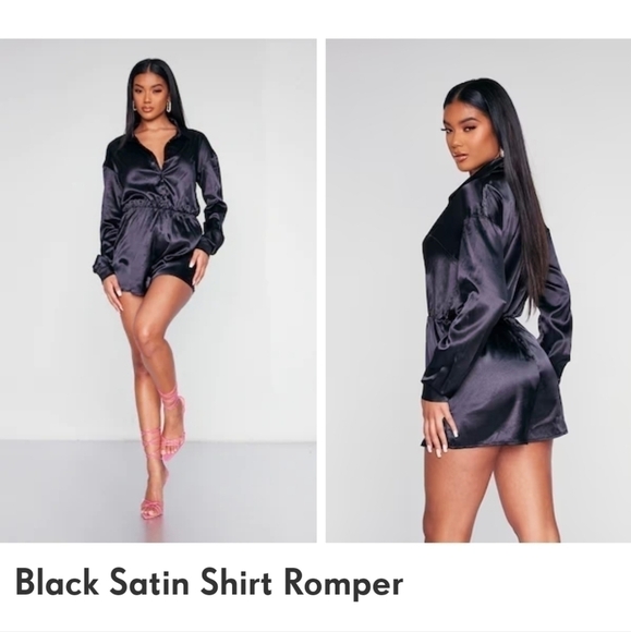 Nwt PRETTY LITTLE THING BLACK SATIN SHIRT PLAYSUIT SIZE 8 - Picture 1 of 7